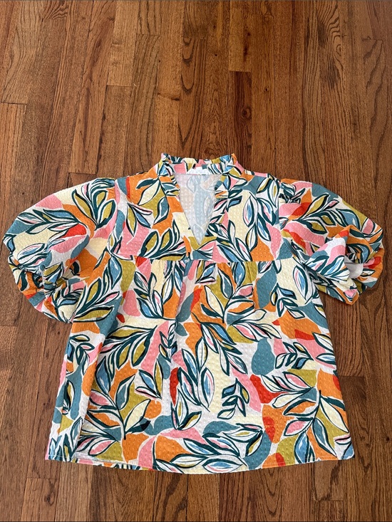 THML Tops - THML Multicolor Leaf-Print Puff Sleeve Blouse